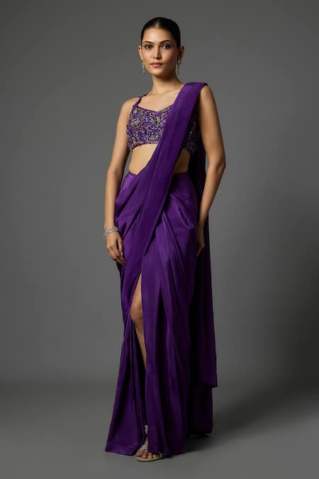 Krishna Padia Purple Crepe Sequins, Embroidery Sweetheart Neck Pre-draped Saree With Blouse