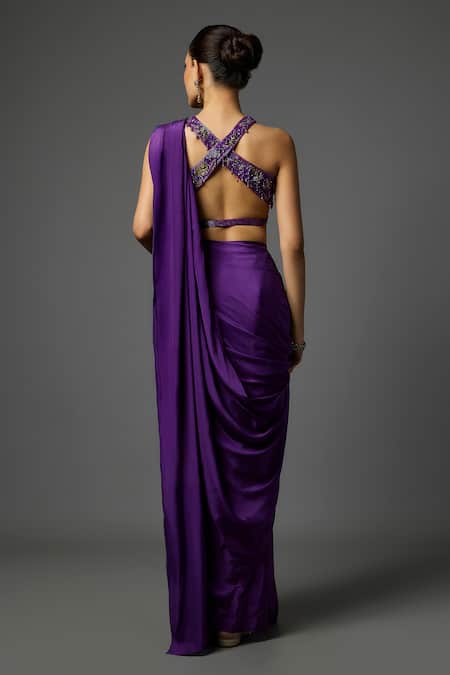Shop Krishna Padia Purple Crepe Sequins, Embroidery Sweetheart Neck Pre-draped Saree With Blouse at Aza Fashions Shop_Krishna Padia_Purple Crepe Sequins, Embroidery Sweetheart Neck Pre-draped Saree With Blouse _at_Aza_Fashions