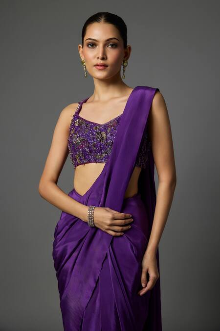 Krishna Padia Purple Crepe Sequins, Embroidery Sweetheart Neck Pre-draped Saree With Blouse Online at Aza Fashions Krishna Padia_Purple Crepe Sequins, Embroidery Sweetheart Neck Pre-draped Saree With Blouse _Online_at_Aza_Fashions