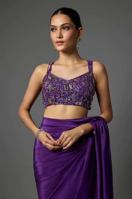 Buy Krishna Padia Purple Crepe Sequins, Embroidery Sweetheart Neck Pre-draped Saree With Blouse Online at Aza Fashions Buy_Krishna Padia_Purple Crepe Sequins, Embroidery Sweetheart Neck Pre-draped Saree With Blouse _Online_at_Aza_Fashions