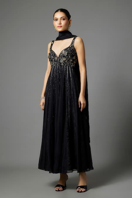 Buy Krishna Padia Black Crepe, Organza, Shantoon Sequins, Hand Embroidered Bodice Anarkali Set Online at Aza Fashions Buy_Krishna Padia_Black Crepe, Organza, Shantoon Sequins, Hand Embroidered Bodice Anarkali Set _Online_at_Aza_Fashions