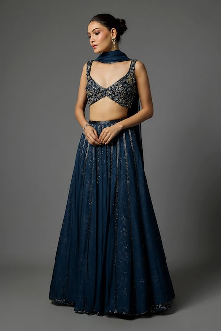 Krishna Padia Sapphire Organza, Crepe Embroidery, Sequins, Beads Hand Blouse Lehenga Set