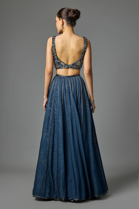Shop Krishna Padia Sapphire Organza, Crepe Embroidery, Sequins, Beads Hand Blouse Lehenga Set at Aza Fashions Shop_Krishna Padia_Sapphire Organza, Crepe Embroidery, Sequins, Beads Hand Blouse Lehenga Set _at_Aza_Fashions