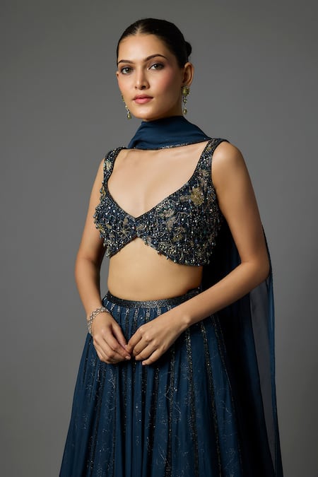 Shop Krishna Padia Sapphire Organza, Crepe Embroidery, Sequins, Beads Hand Blouse Lehenga Set Online at Aza Fashions Shop_Krishna Padia_Sapphire Organza, Crepe Embroidery, Sequins, Beads Hand Blouse Lehenga Set _Online_at_Aza_Fashions