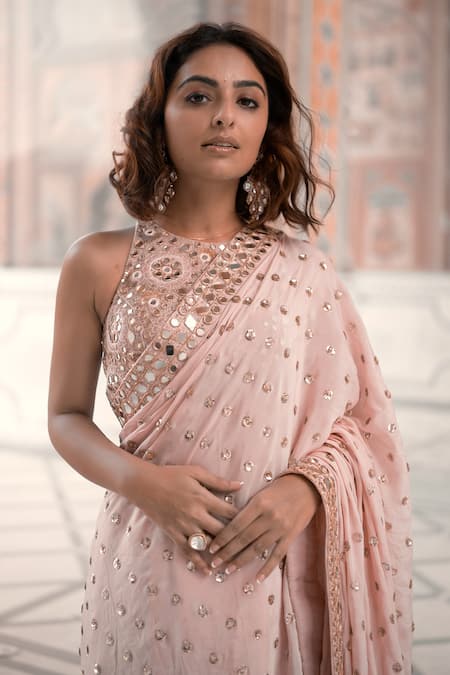 Shop_Vana Ethnics_Pink Viscose, Linen Sequins, Sheesha Bloom Saree With Embroidered Blouse 