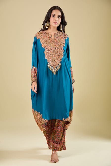 Debyani + CO_Teal Silk Sequins, Beads, Metallic Thread Aastha Pitta Work Kaftan And Pant Set _Online_at_Aza_Fashions