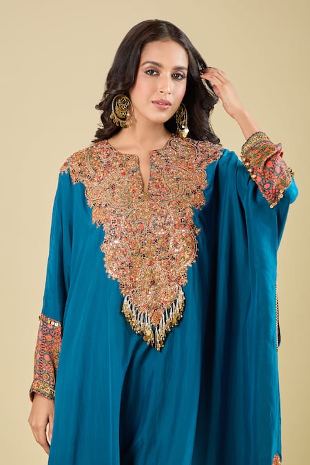 Buy_Debyani + CO_Teal Silk Sequins, Beads, Metallic Thread Aastha Pitta Work Kaftan And Pant Set _Online_at_Aza_Fashions