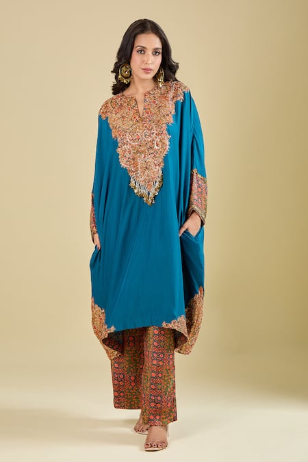 Shop_Debyani + CO_Teal Silk Sequins, Beads, Metallic Thread Aastha Pitta Work Kaftan And Pant Set _Online_at_Aza_Fashions