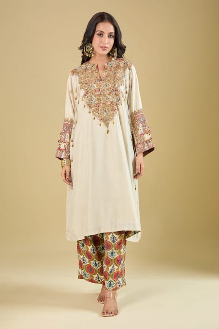 Debyani + CO_Ivory Silk Embroidery, Beads, Tassels Split Meena Placement Kurta With Pant _Online_at_Aza_Fashions