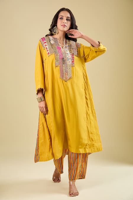 Debyani + CO_Yellow Silk Embroidery, Beads V-neck Yoke Kurta With Pant _Online_at_Aza_Fashions
