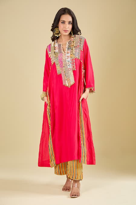 Debyani + CO_Red Silk Embroidery, Beads, Patchwork Split V-neck Placement Kurta And Pant Set _Online_at_Aza_Fashions
