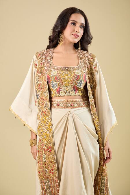 Debyani + CO_Ivory Silk Embroidery, Zari Open , Square Hand Cape Skirt Set _Online_at_Aza_Fashions