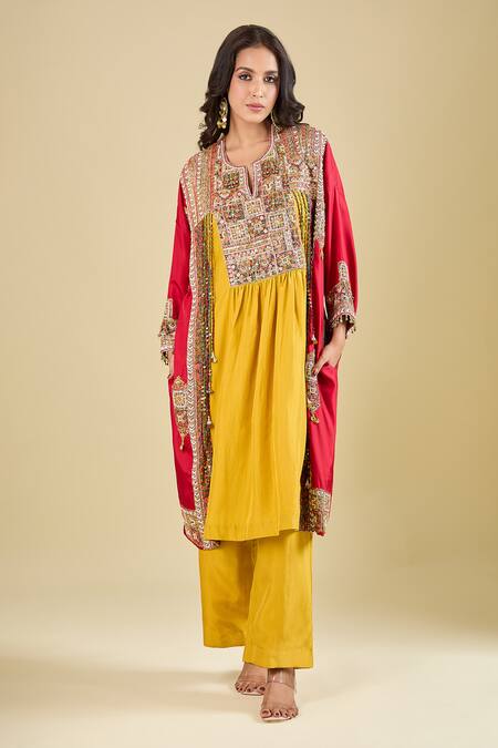 Buy_Debyani + CO_Yellow Silk Embroidery, Mirrors, Sequins, Tassels Split V-neck Kurta With Pant _Online_at_Aza_Fashions