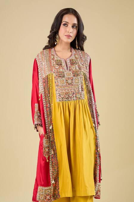 Shop_Debyani + CO_Yellow Silk Embroidery, Mirrors, Sequins, Tassels Split V-neck Kurta With Pant _Online_at_Aza_Fashions