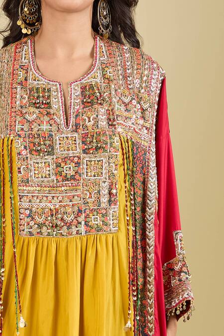 Debyani + CO_Yellow Silk Embroidery, Mirrors, Sequins, Tassels Split V-neck Kurta With Pant _at_Aza_Fashions