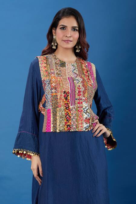 Buy_Debyani + CO_Blue Pom-poms, Piping, Patchwork, Embroidery, Mirrors Round Kurta Set With Bib _Online_at_Aza_Fashions