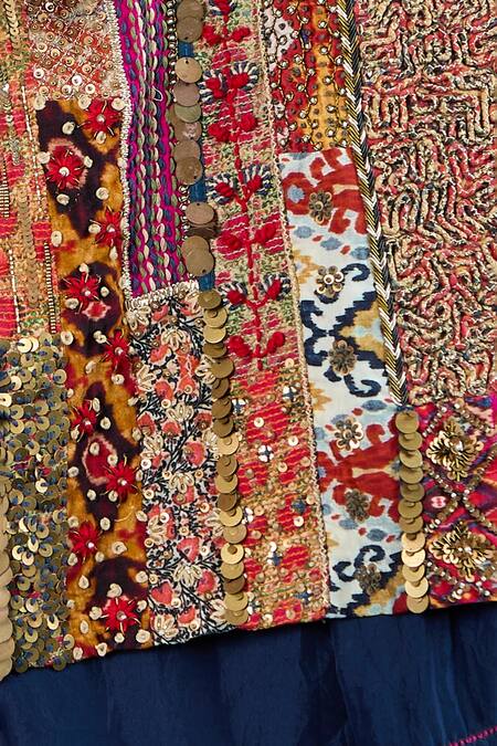 Debyani + CO_Blue Pom-poms, Piping, Patchwork, Embroidery, Mirrors Round Kurta Set With Bib _at_Aza_Fashions