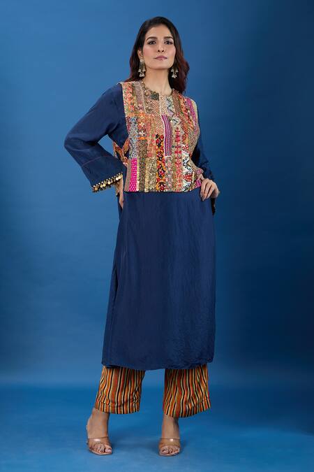 Buy_Debyani + CO_Blue Pom-poms, Piping, Patchwork, Embroidery, Mirrors Round Kurta Set With Bib 