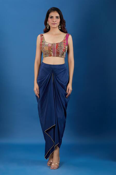 Debyani + CO_Multi Color Embroidery, Mirrors, Sequins Open , Square Jacket Skirt Set _Online_at_Aza_Fashions