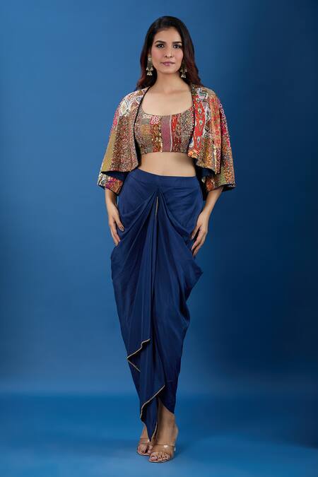 Buy_Debyani + CO_Multi Color Embroidery, Mirrors, Sequins Open , Square Jacket Skirt Set _Online_at_Aza_Fashions