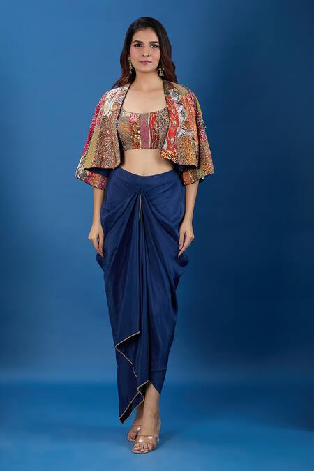 Shop_Debyani + CO_Multi Color Embroidery, Mirrors, Sequins Open , Square Jacket Skirt Set _Online_at_Aza_Fashions