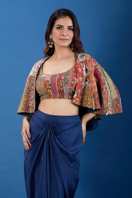 Debyani + CO_Multi Color Embroidery, Mirrors, Sequins Open , Square Jacket Skirt Set _at_Aza_Fashions