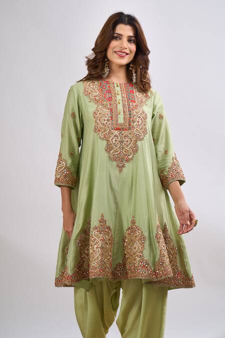 Buy_Debyani + CO_Green Embroidery, Sequins Round Neck Kurta With Salwar _Online_at_Aza_Fashions