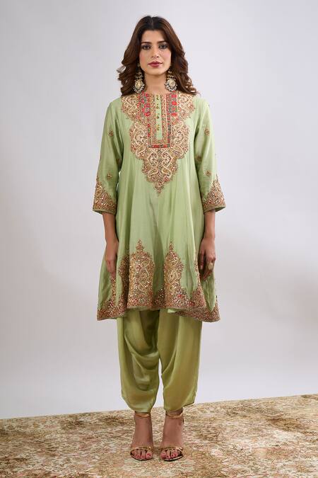 Shop_Debyani + CO_Green Embroidery, Sequins Round Neck Kurta With Salwar _Online_at_Aza_Fashions
