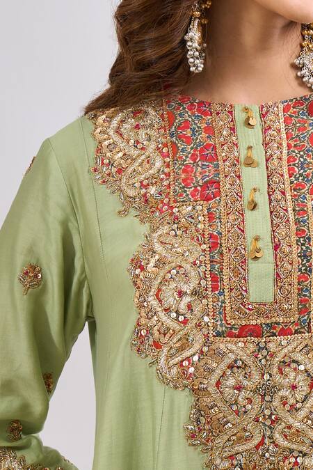 Buy_Debyani + CO_Green Embroidery, Sequins Round Neck Kurta With Salwar 