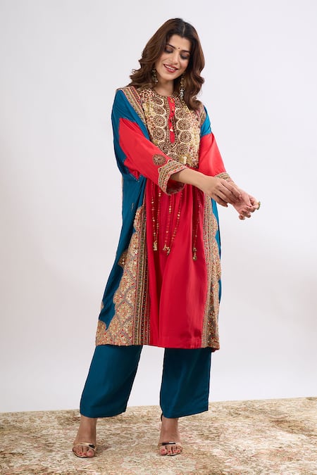 Debyani + CO_Red Embroidery, Sequins, Tassels Round Neck Stripe Pattern Kaftan And Pant Set _Online_at_Aza_Fashions