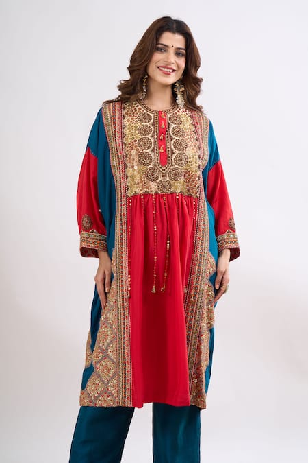 Buy_Debyani + CO_Red Embroidery, Sequins, Tassels Round Neck Stripe Pattern Kaftan And Pant Set _Online_at_Aza_Fashions