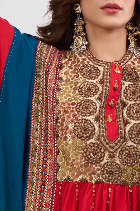 Debyani + CO_Red Embroidery, Sequins, Tassels Round Neck Stripe Pattern Kaftan And Pant Set _at_Aza_Fashions