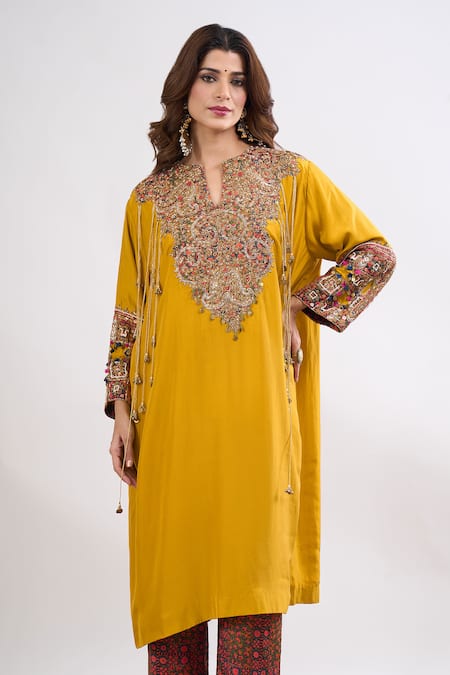 Debyani + CO_Yellow Embroidery, Beads, Tassels V-neck Meena Kurta With Pant _Online_at_Aza_Fashions