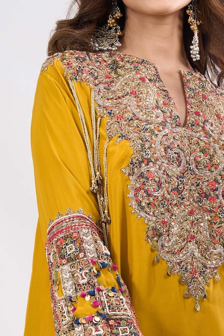 Buy_Debyani + CO_Yellow Embroidery, Beads, Tassels V-neck Meena Kurta With Pant _Online_at_Aza_Fashions