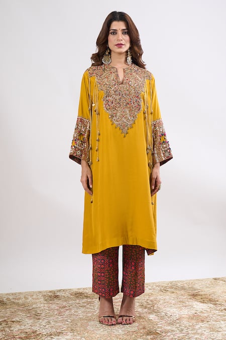 Shop_Debyani + CO_Yellow Embroidery, Beads, Tassels V-neck Meena Kurta With Pant _Online_at_Aza_Fashions