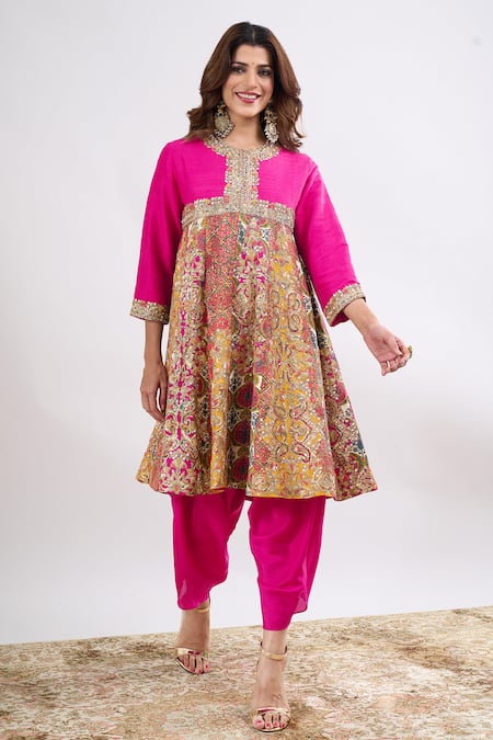 Debyani + CO_Pink Embroidery Round Neck Anarkali With Salwar _Online_at_Aza_Fashions