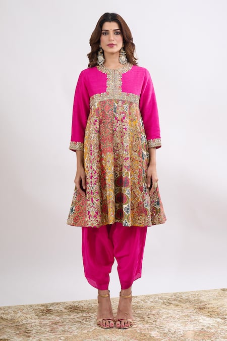 Shop_Debyani + CO_Pink Embroidery Round Neck Anarkali With Salwar _Online_at_Aza_Fashions