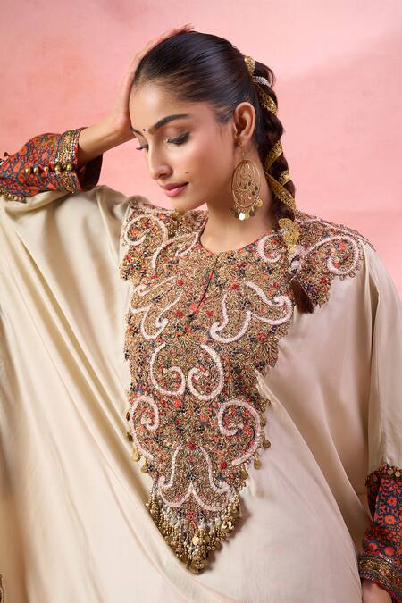 Debyani + CO_Ivory Embroidery, Beads Round Neck Aastha Pitta Work Kaftan With Pant _Online_at_Aza_Fashions