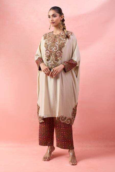 Buy_Debyani + CO_Ivory Embroidery, Beads Round Neck Aastha Pitta Work Kaftan With Pant _Online_at_Aza_Fashions