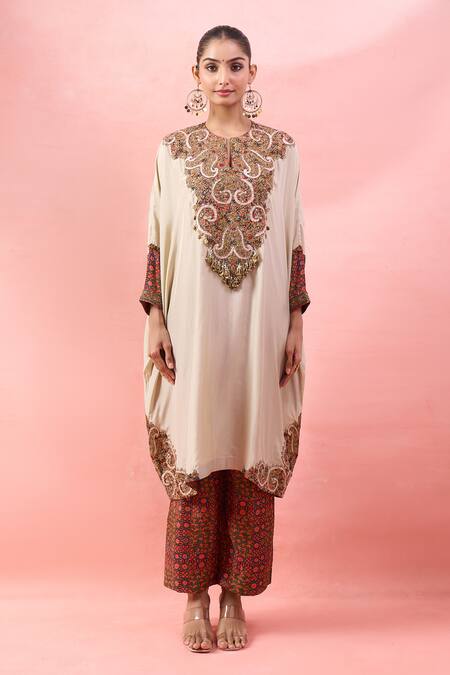 Shop_Debyani + CO_Ivory Embroidery, Beads Round Neck Aastha Pitta Work Kaftan With Pant _Online_at_Aza_Fashions
