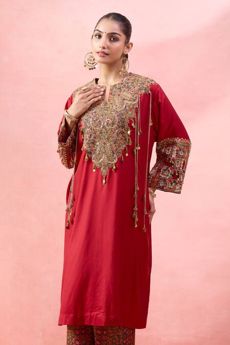 Debyani + CO_Red Embroidery, Sequins, Beads, Tassels Notched Meena Pitta Work Kurta With Pant _Online_at_Aza_Fashions