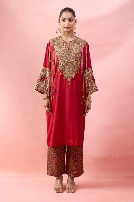 Buy_Debyani + CO_Red Embroidery, Sequins, Beads, Tassels Notched Meena Pitta Work Kurta With Pant _Online_at_Aza_Fashions