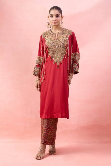 Shop_Debyani + CO_Red Embroidery, Sequins, Beads, Tassels Notched Meena Pitta Work Kurta With Pant _Online_at_Aza_Fashions