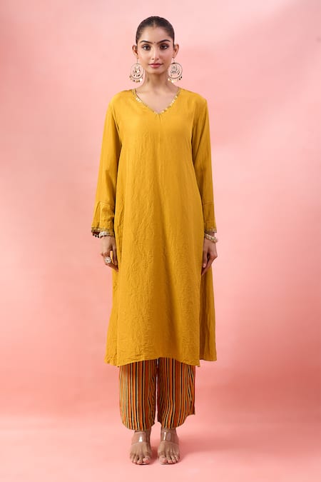 Debyani + CO_Yellow Sequins, Embroidery, Patchwork Round Neck Crushed Kurta Set With Bib Top _Online_at_Aza_Fashions