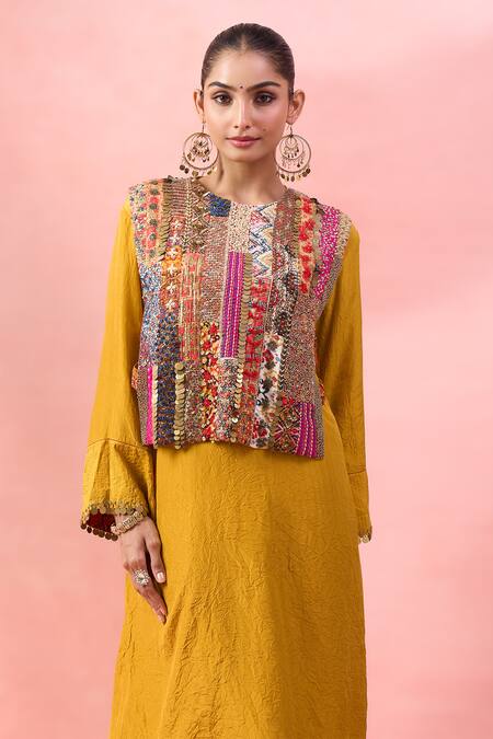 Debyani + CO_Yellow Sequins, Embroidery, Patchwork Round Neck Crushed Kurta Set With Bib Top _at_Aza_Fashions