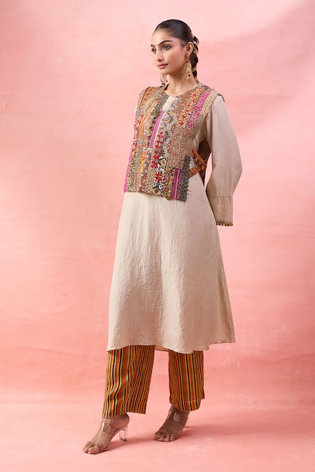 Debyani + CO Crushed Embroidered Kurta Set With Bib Top 