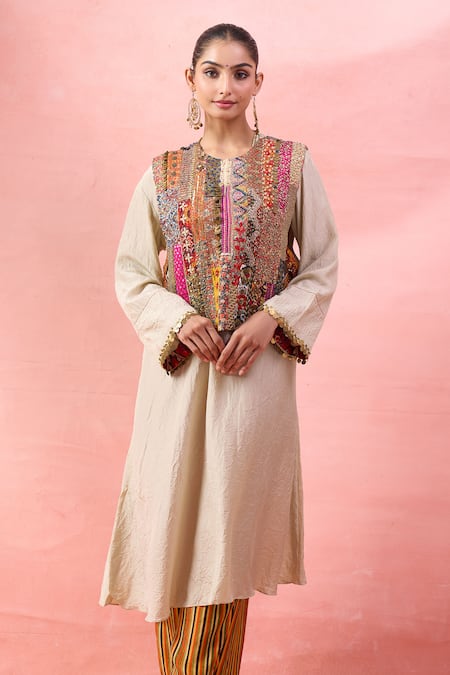Debyani + CO_White Embroidery, Sequins V-, Round Crushed Kurta Set With Bib Top _Online_at_Aza_Fashions