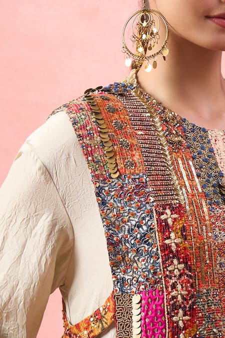 Debyani + CO_White Embroidery, Sequins V-, Round Crushed Kurta Set With Bib Top _at_Aza_Fashions