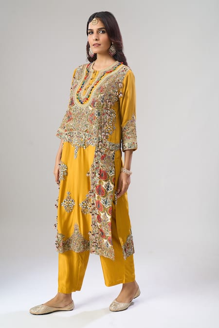 Shop_Debyani + CO_Yellow Georgette Embroidery, Zari Round Neck Kurta And Pant Set _Online_at_Aza_Fashions