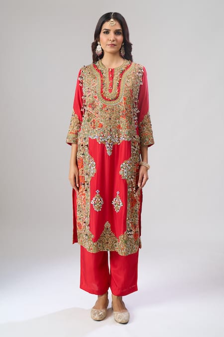 Debyani + CO_Red Georgette Embroidery, Sequins, Stones Round Neck Kurta And Pant Set _Online_at_Aza_Fashions